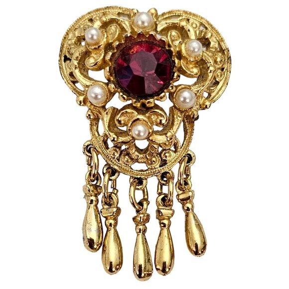 Sphinx Red Rhinestone Faux Pearl Dangle Charm Victorian Style Pin Brooch L374 - Picture 1 of 9